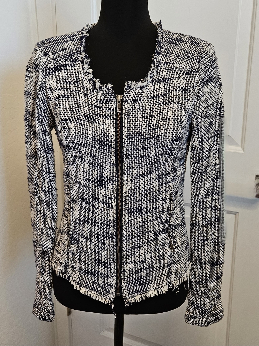 Joie Gray White Collis Dark Tone Tweed Fringe Blazer Small Jacket